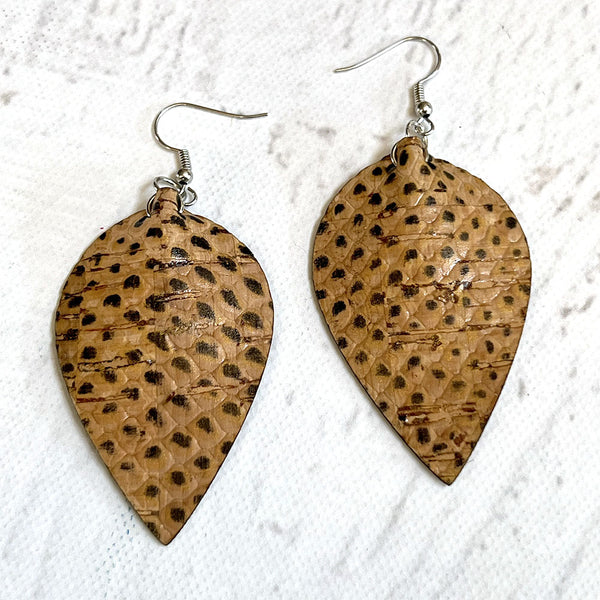 Cork Fabric Snakeskin Earrings - Lightweight Vegan Leather Alternative