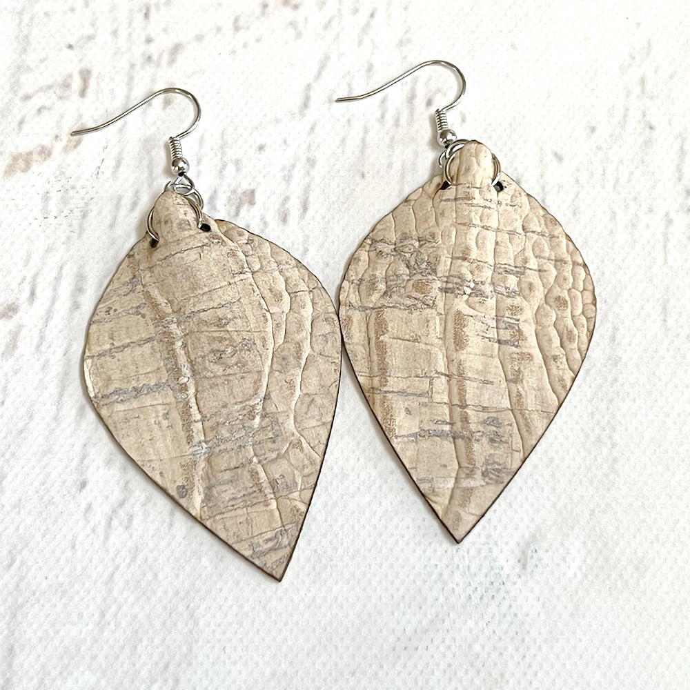 White Crocodile Cork Fabric Earrings - Lightweight Vegan Leather Alternative