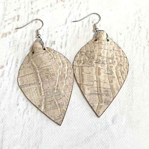 White Crocodile Cork Fabric Earrings - Lightweight Vegan Leather Alternative