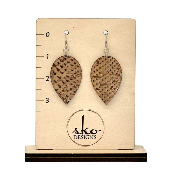 Cork Fabric Snakeskin Earrings - Lightweight Vegan Leather Alternative