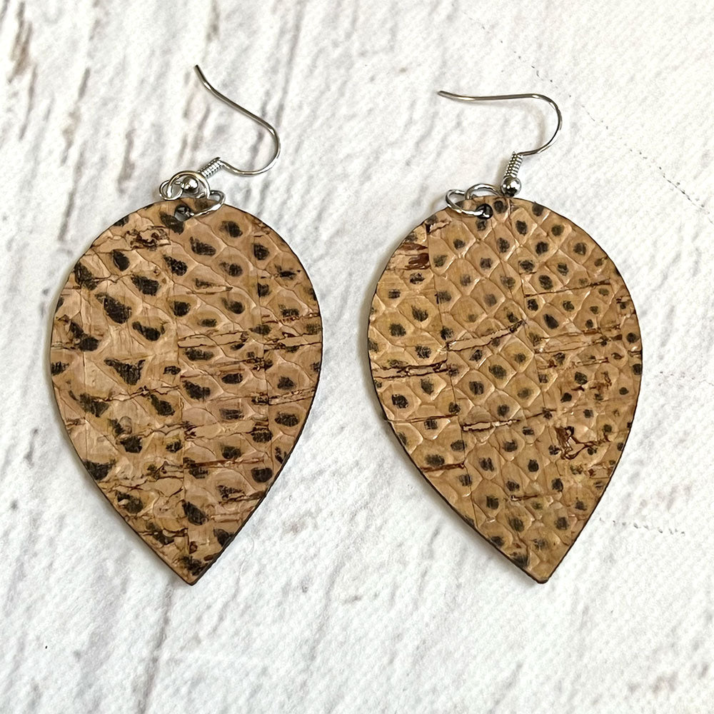 Cork Fabric Snakeskin Earrings - Lightweight Vegan Leather Alternative