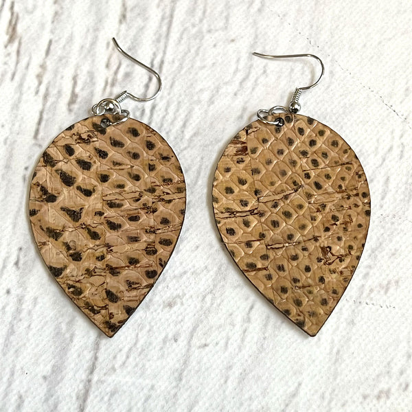 Cork Fabric Snakeskin Earrings - Lightweight Vegan Leather Alternative