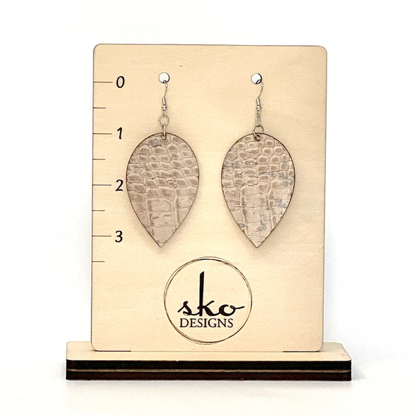 Cork Fabric Earrings - White Crocodile Pattern | Lightweight Vegan Leather Alternative