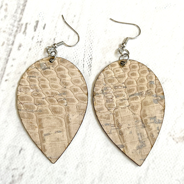 Cork Fabric Earrings - White Crocodile Pattern | Lightweight Vegan Leather Alternative