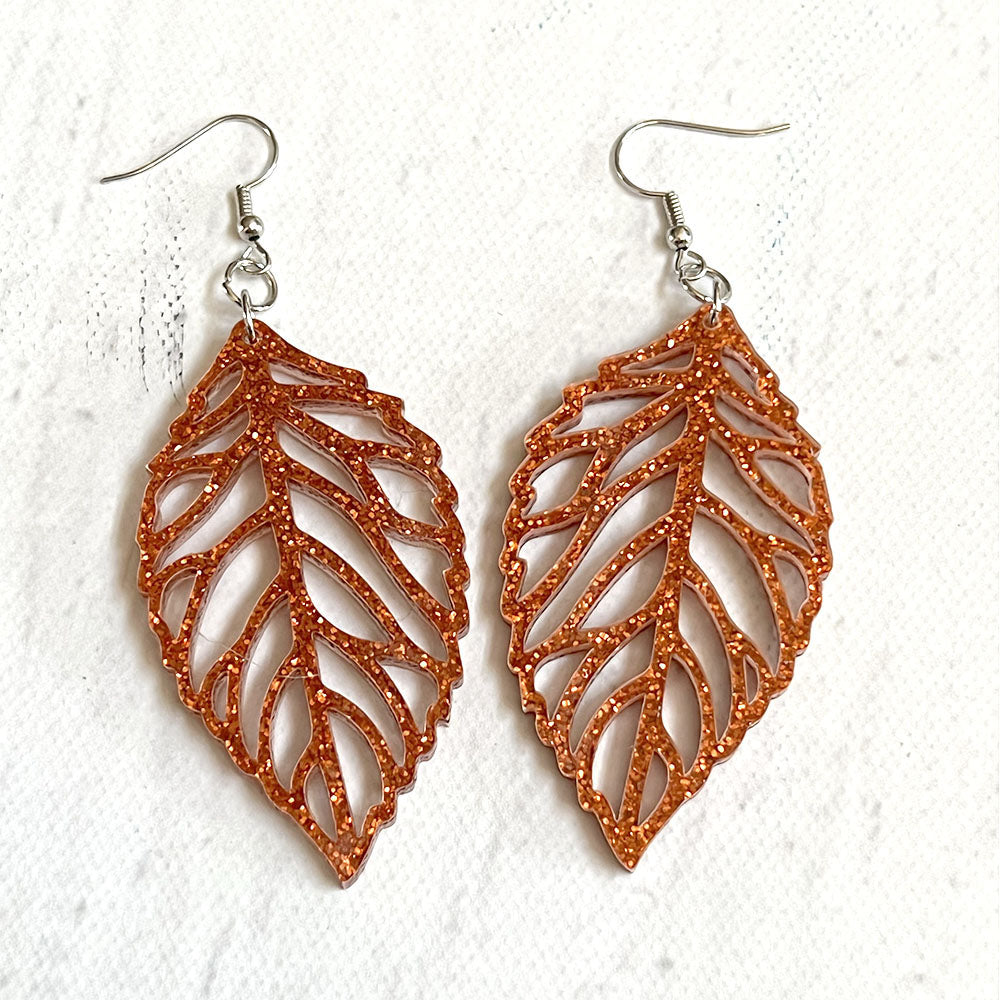 Fall Leaf Earrings - Orange Glitter Acrylic Jewelry