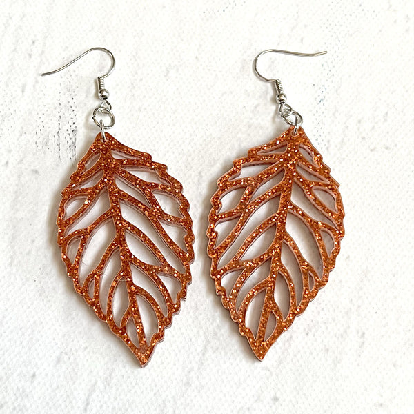 Fall Leaf Earrings - Orange Glitter Acrylic Jewelry