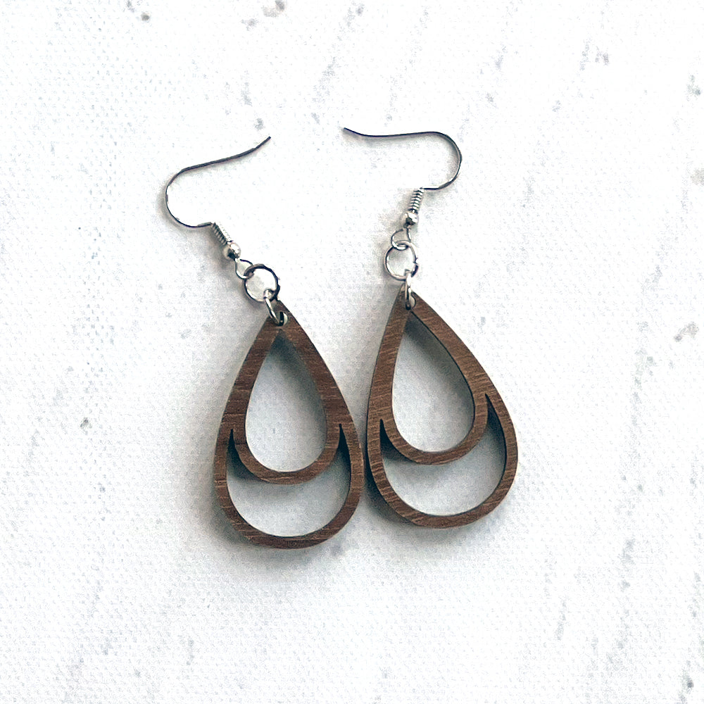 Handcrafted Walnut Wood Double Teardrop Earrings - Lightweight Statement Jewelry