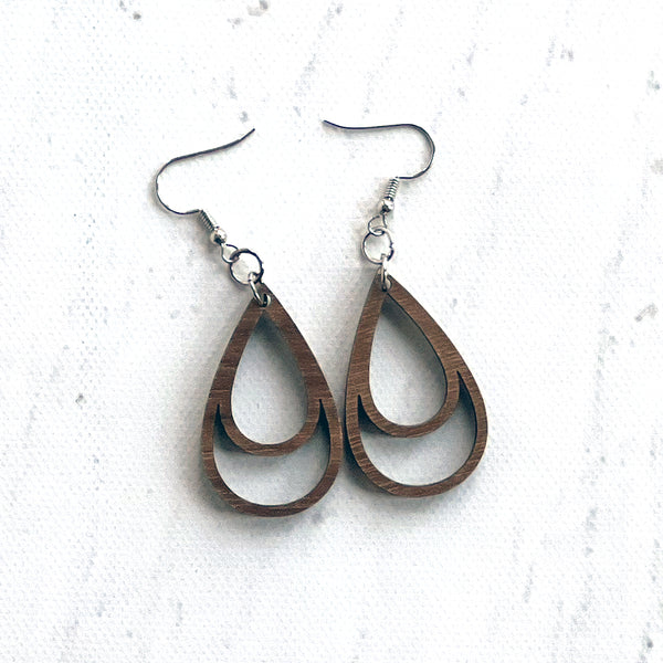 Handcrafted Walnut Wood Double Teardrop Earrings - Lightweight Statement Jewelry