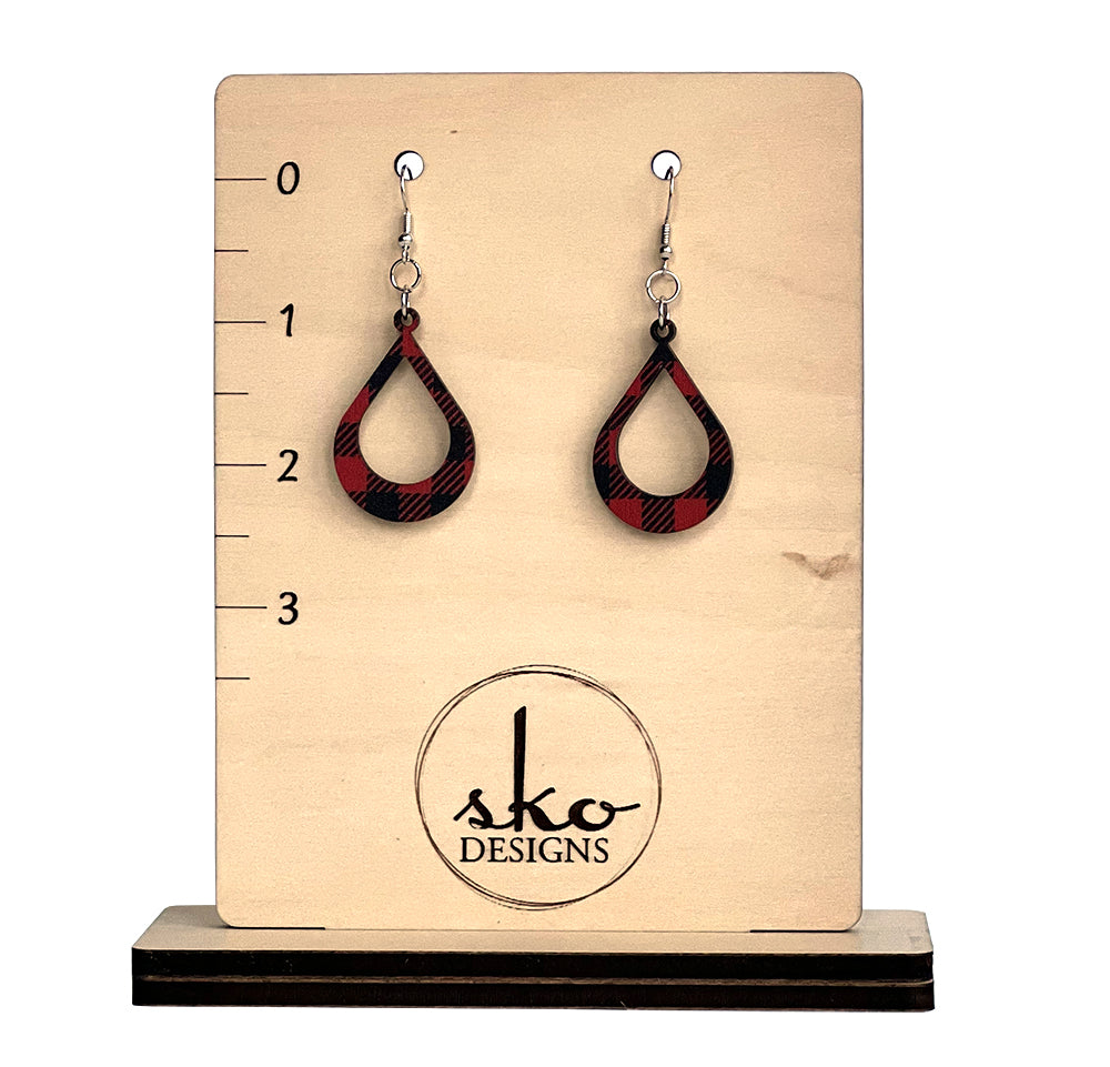 Buffalo Plaid Teardrop Earrings - Lightweight Laser Cut Wood Statement Jewelry