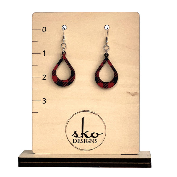 Buffalo Plaid Teardrop Earrings - Lightweight Laser Cut Wood Statement Jewelry