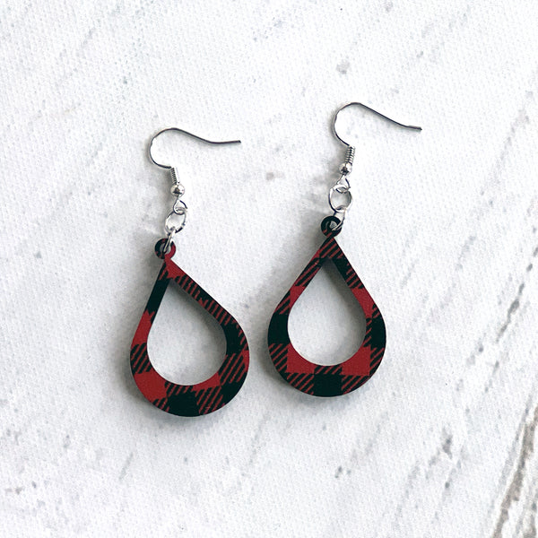 Buffalo Plaid Teardrop Earrings - Lightweight Laser Cut Wood Statement Jewelry