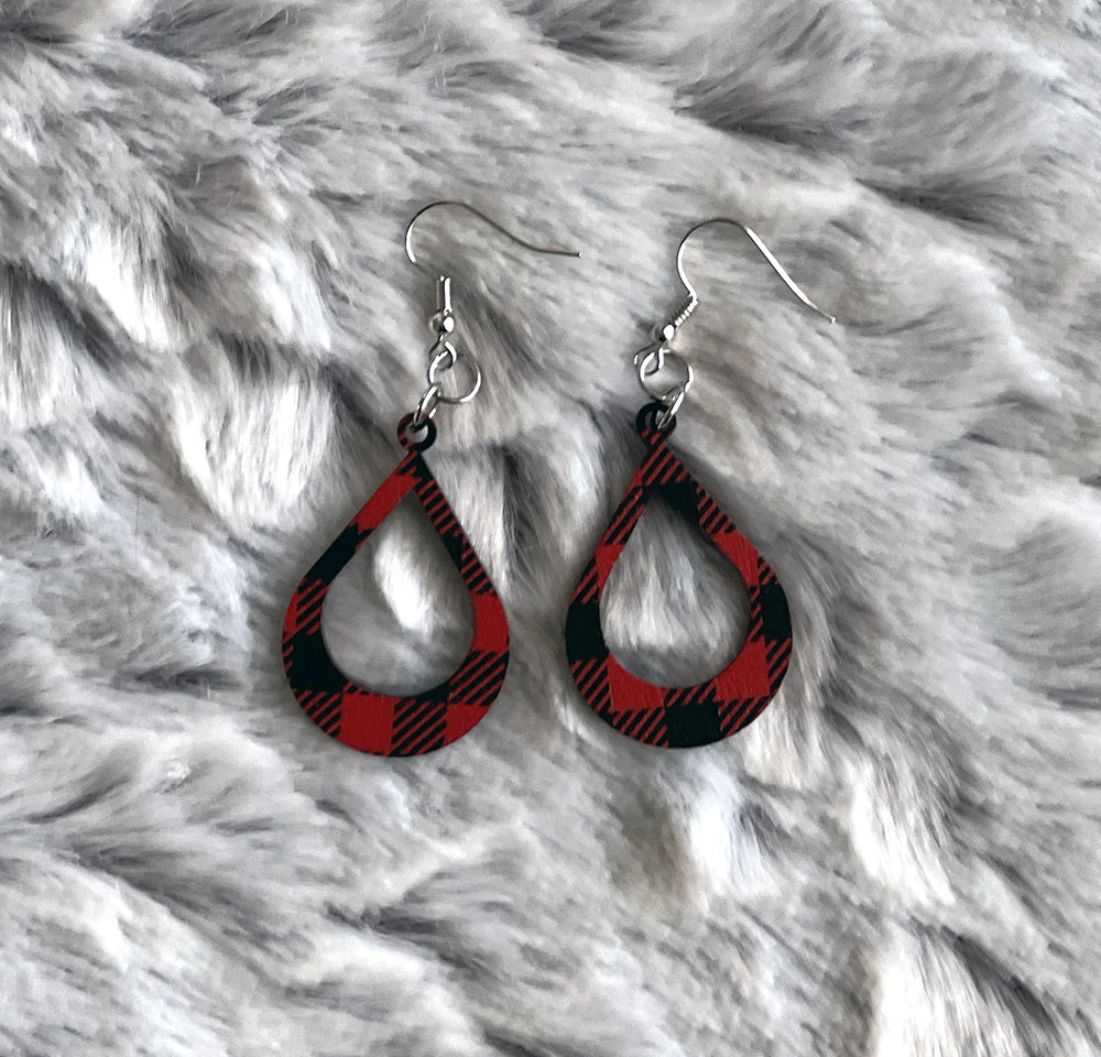 Buffalo Plaid Teardrop Earrings - Lightweight Laser Cut Wood Statement Jewelry