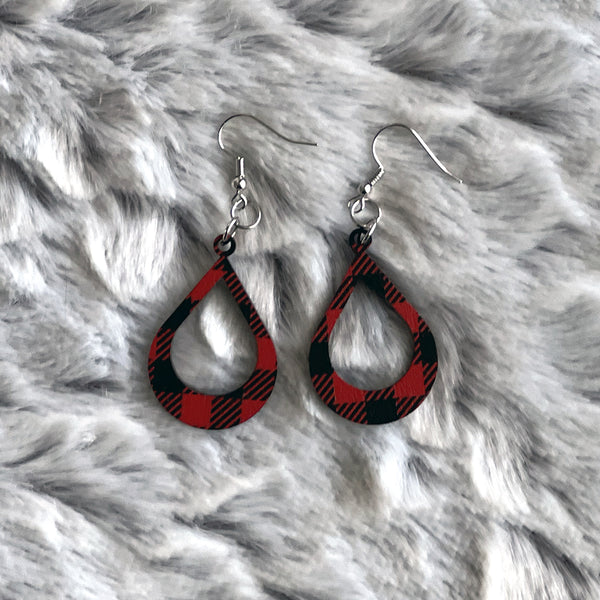 Buffalo Plaid Teardrop Earrings - Lightweight Laser Cut Wood Statement Jewelry