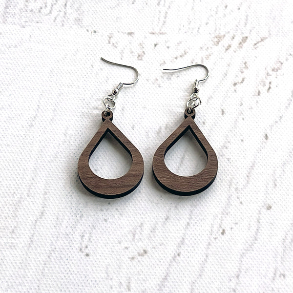 Walnut Wood Open Teardrop Earrings - Handmade Lightweight Jewelry