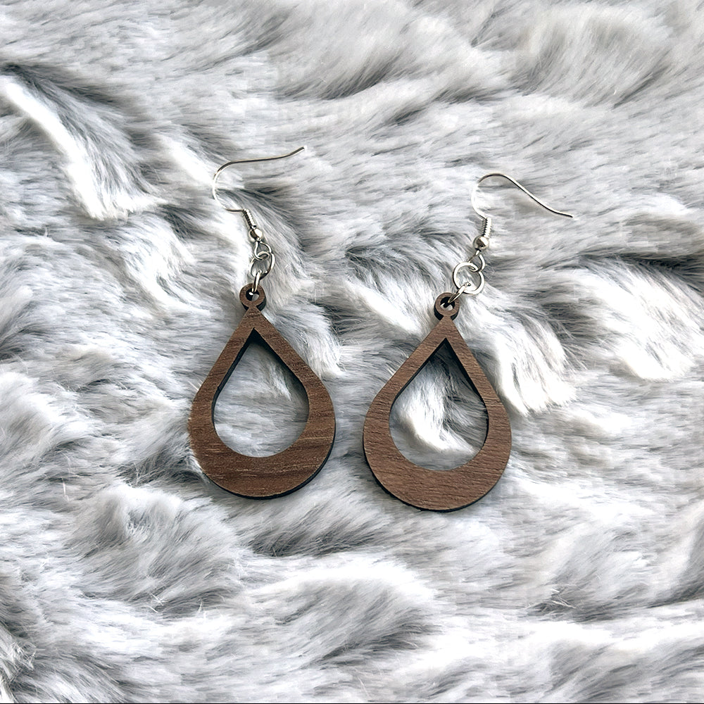 Walnut Wood Open Teardrop Earrings - Handmade Lightweight Jewelry