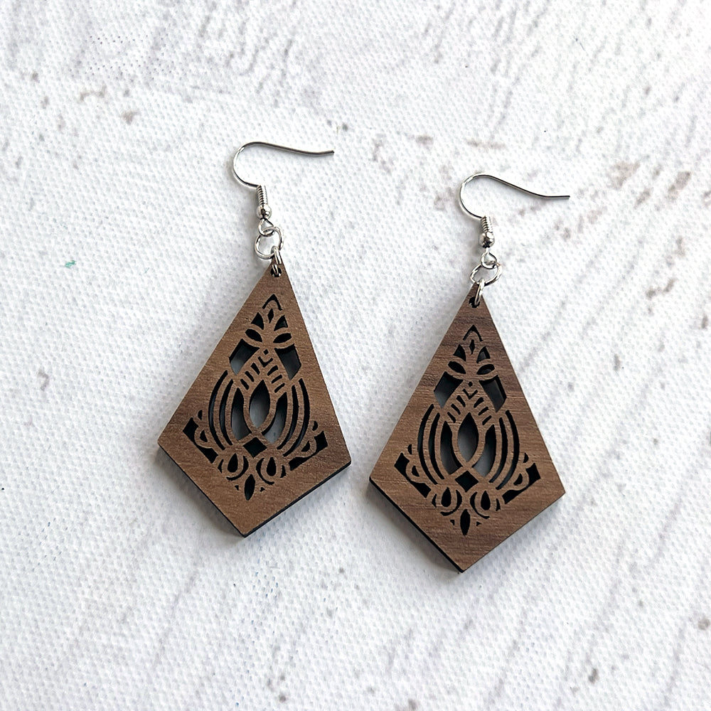 Handcrafted Walnut Kite Earrings - Lightweight Geometric Wood Jewelry
