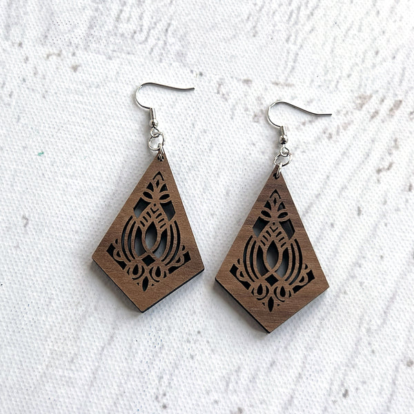 Handcrafted Walnut Kite Earrings - Lightweight Geometric Wood Jewelry