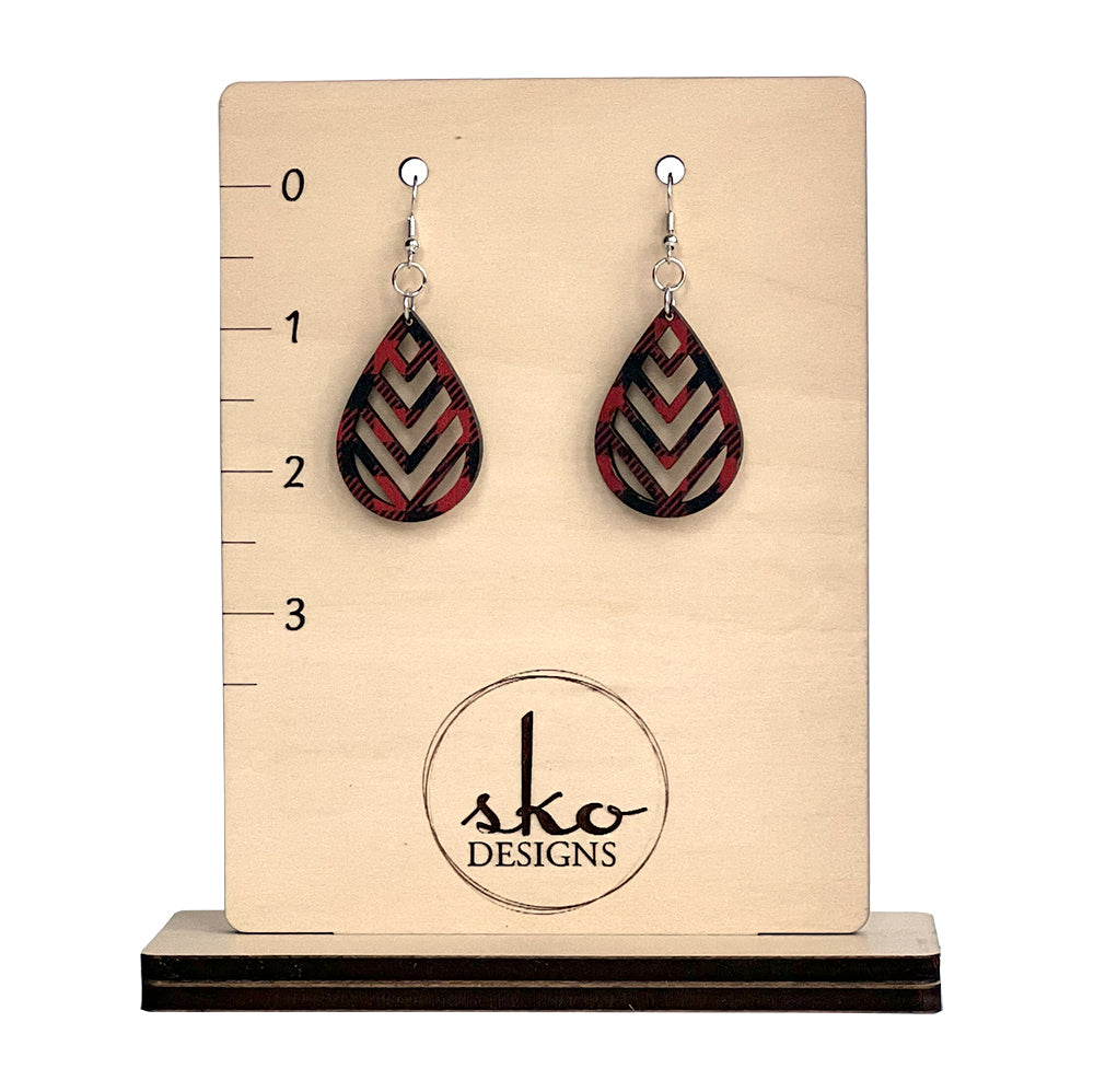 Buffalo Plaid Teardrop Chevron Earrings - Lightweight Laser Cut Wood Jewelry
