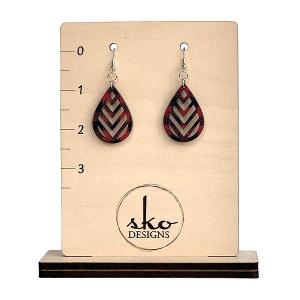 Buffalo Plaid Teardrop Chevron Earrings - Lightweight Laser Cut Wood Jewelry