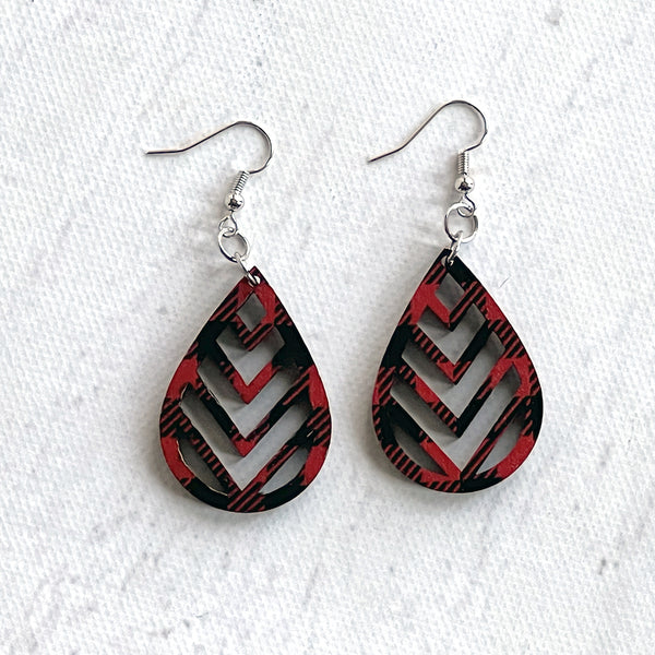 Buffalo Plaid Teardrop Chevron Earrings - Lightweight Laser Cut Wood Jewelry