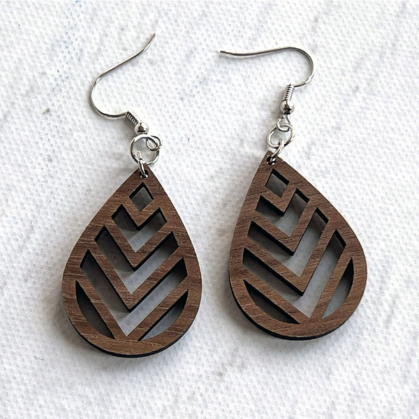 Handcrafted Walnut Teardrop Chevron Earrings - Lightweight Wood Statement Jewelry