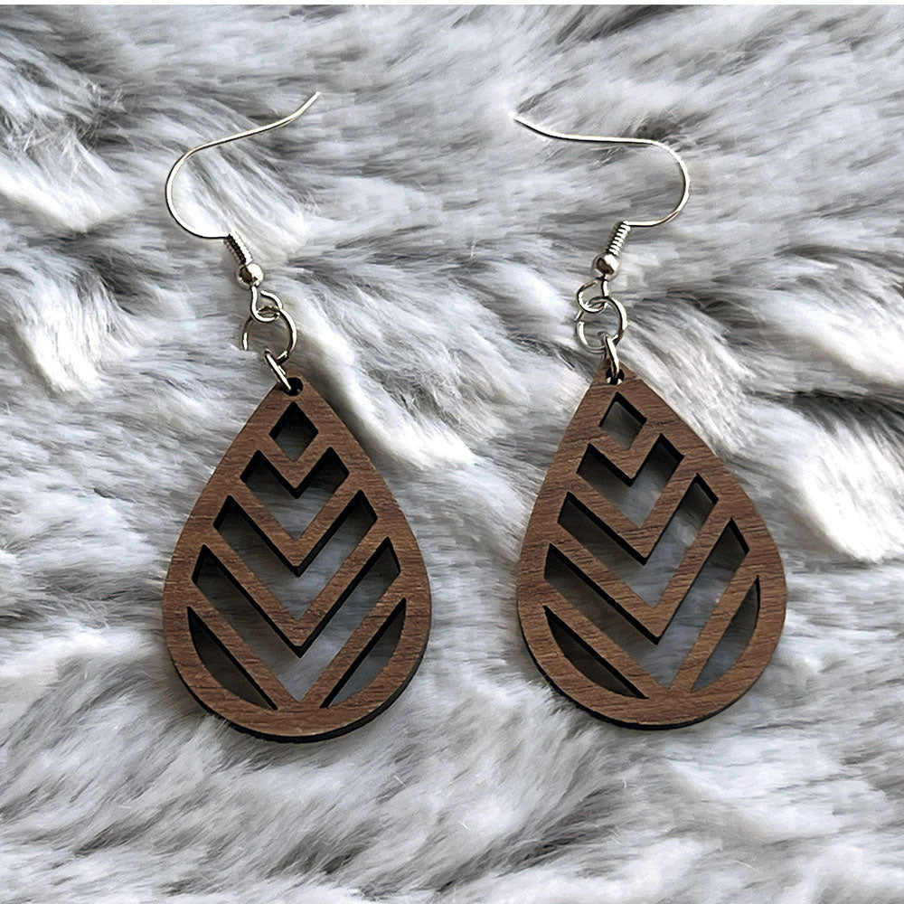 Handcrafted Walnut Teardrop Chevron Earrings - Lightweight Wood Statement Jewelry