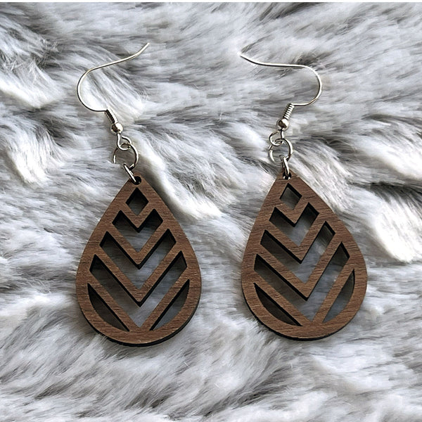 Handcrafted Walnut Teardrop Chevron Earrings - Lightweight Wood Statement Jewelry