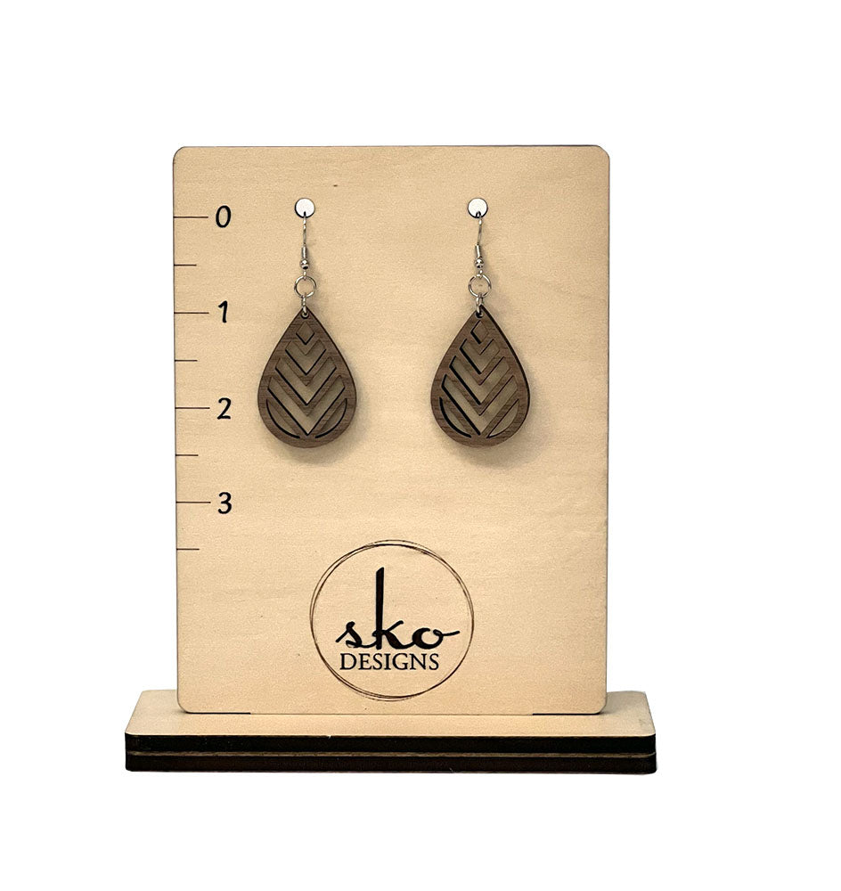 Handcrafted Walnut Teardrop Chevron Earrings - Lightweight Wood Statement Jewelry