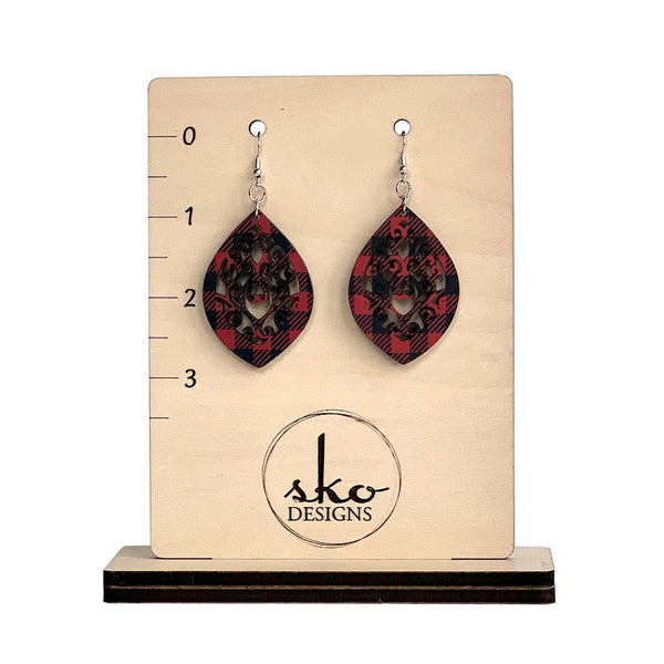 Buffalo Plaid Pointed Oval Earrings - Lightweight Laser Cut Statement Jewelry