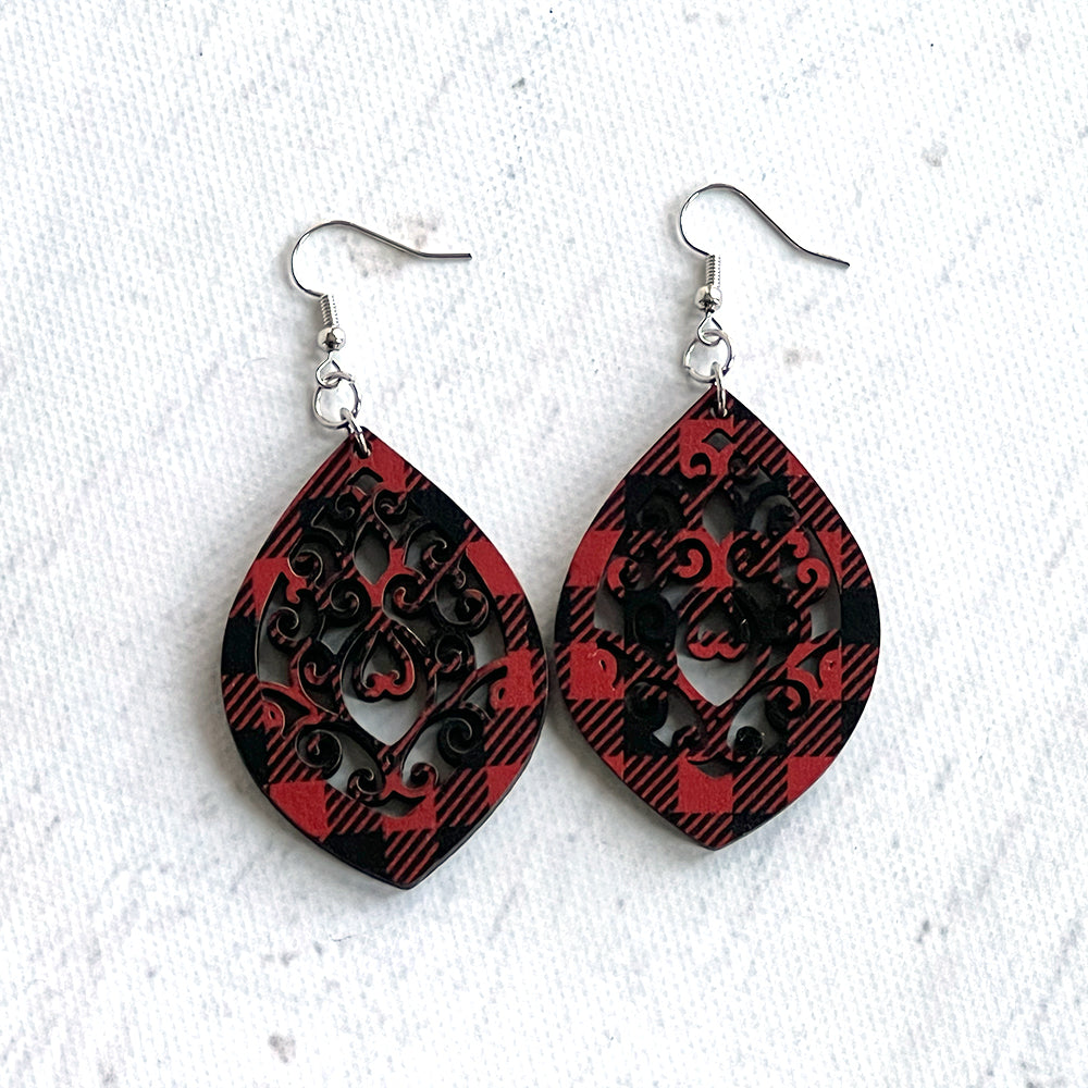 Buffalo Plaid Pointed Oval Earrings - Lightweight Laser Cut Statement Jewelry