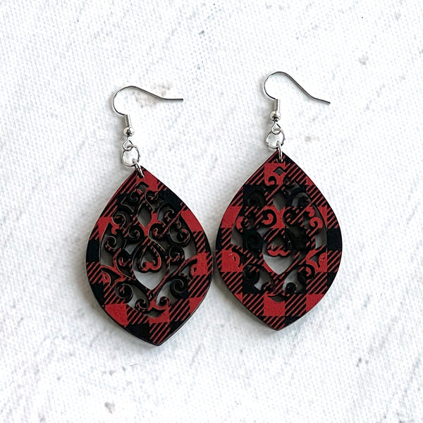Buffalo Plaid Pointed Oval Earrings - Lightweight Laser Cut Statement Jewelry