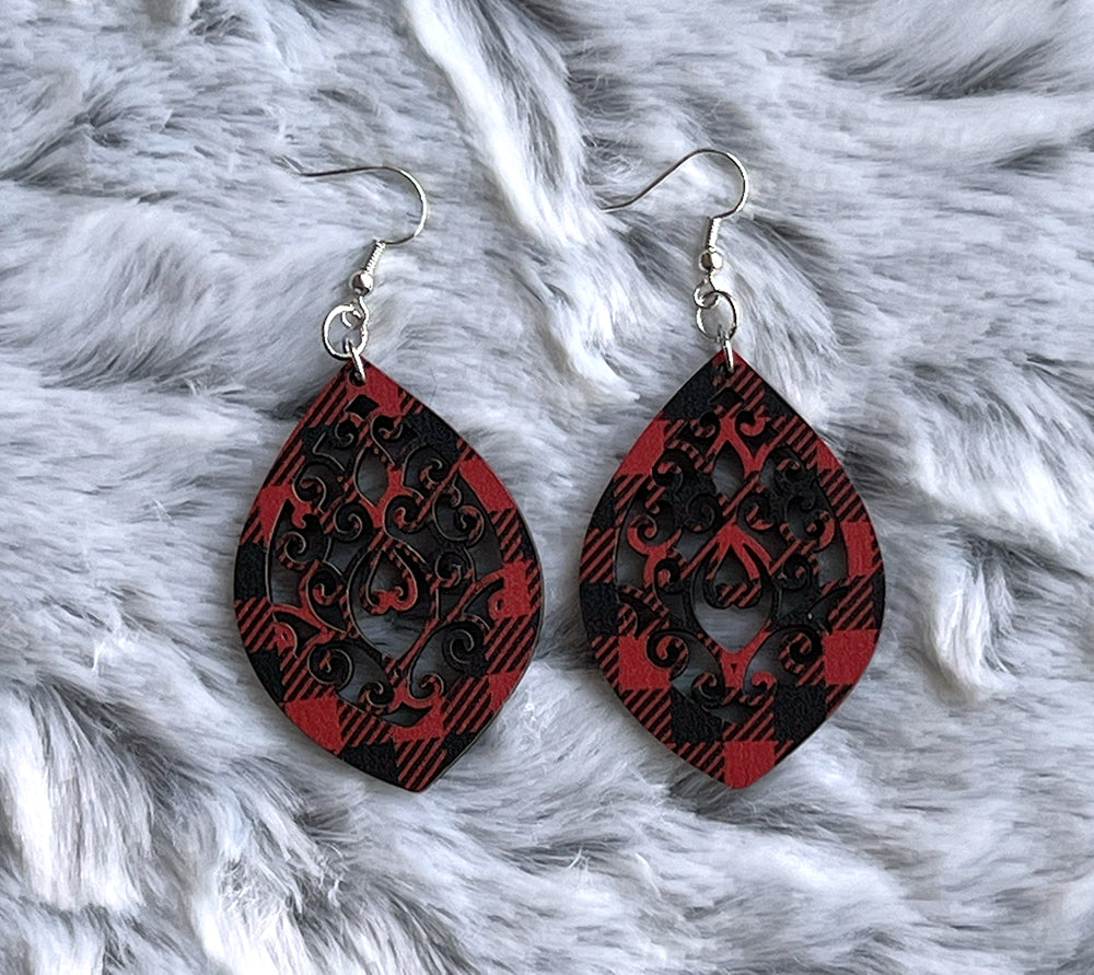 Buffalo Plaid Pointed Oval Earrings - Lightweight Laser Cut Statement Jewelry