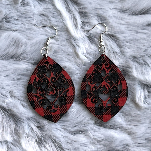 Buffalo Plaid Pointed Oval Earrings - Lightweight Laser Cut Statement Jewelry