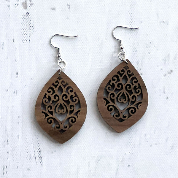 Handcrafted Walnut Wood Pointed Oval Earrings - Lightweight Statement Jewelry