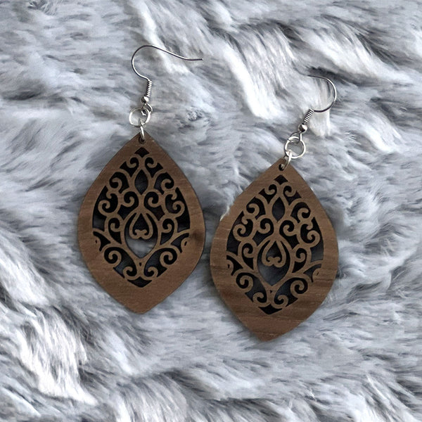 Handcrafted Walnut Wood Pointed Oval Earrings - Lightweight Statement Jewelry