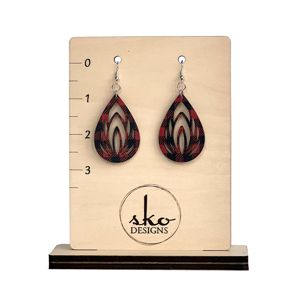 Buffalo Plaid Teardrop Lotus Earrings - Lightweight Laser Cut Wood Jewelry