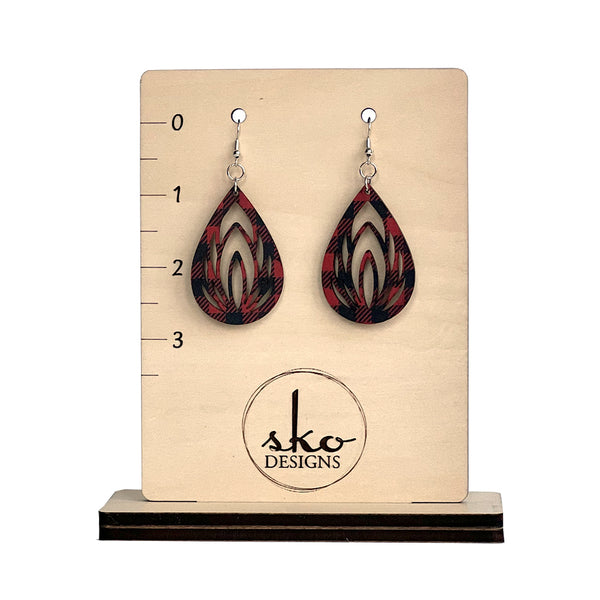 Buffalo Plaid Teardrop Lotus Earrings - Lightweight Laser Cut Wood Jewelry