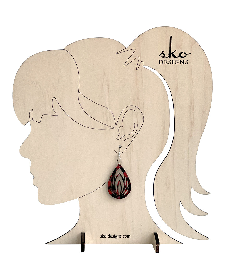 Buffalo Plaid Teardrop Lotus Earrings - Lightweight Laser Cut Wood Jewelry