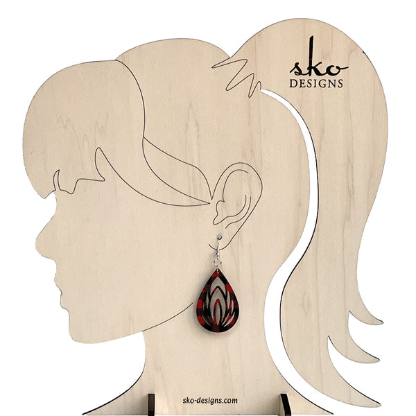 Buffalo Plaid Teardrop Lotus Earrings - Lightweight Laser Cut Wood Jewelry