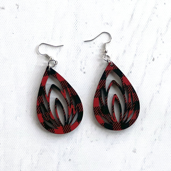 Buffalo Plaid Teardrop Lotus Earrings - Lightweight Laser Cut Wood Jewelry