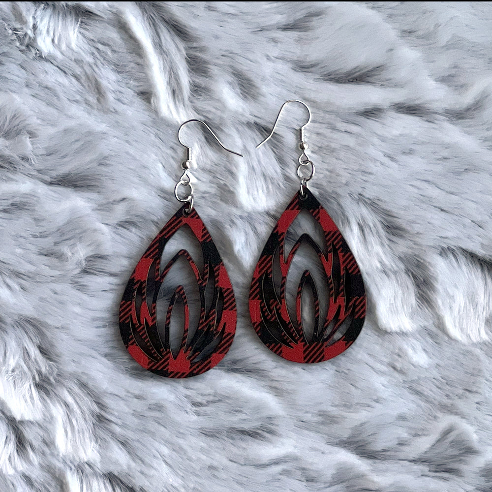 Buffalo Plaid Teardrop Lotus Earrings - Lightweight Laser Cut Wood Jewelry