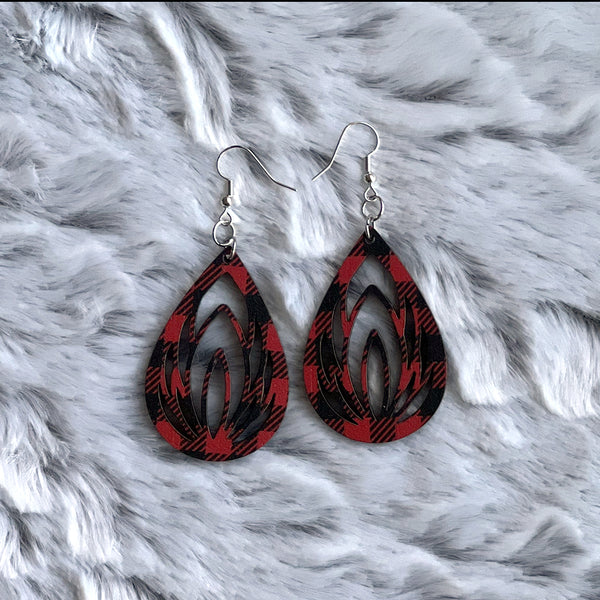 Buffalo Plaid Teardrop Lotus Earrings - Lightweight Laser Cut Wood Jewelry