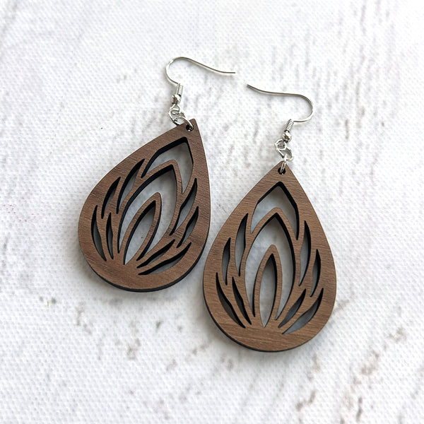 Handcrafted Walnut Teardrop Lotus Earrings - Lightweight Wood Statement Jewelry