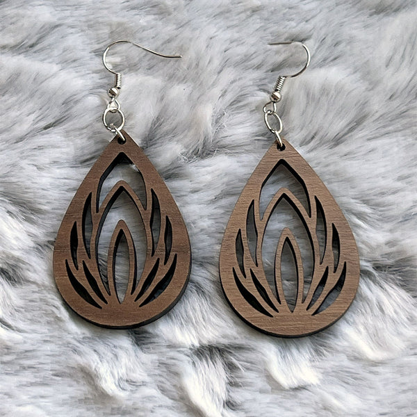 Handcrafted Walnut Teardrop Lotus Earrings - Lightweight Wood Statement Jewelry