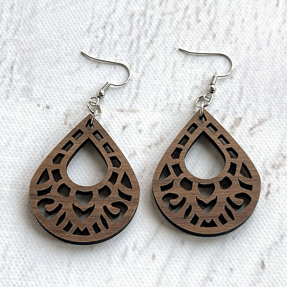Walnut Teardrop Earrings - Lightweight Wood Jewelry with Intricate Cutout Design