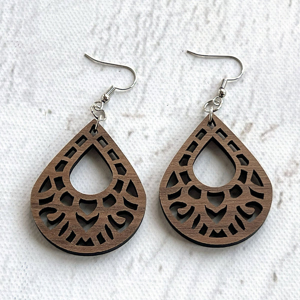 Walnut Teardrop Earrings - Lightweight Wood Jewelry with Intricate Cutout Design