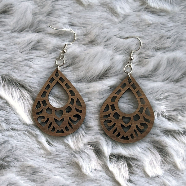Walnut Teardrop Earrings - Lightweight Wood Jewelry with Intricate Cutout Design