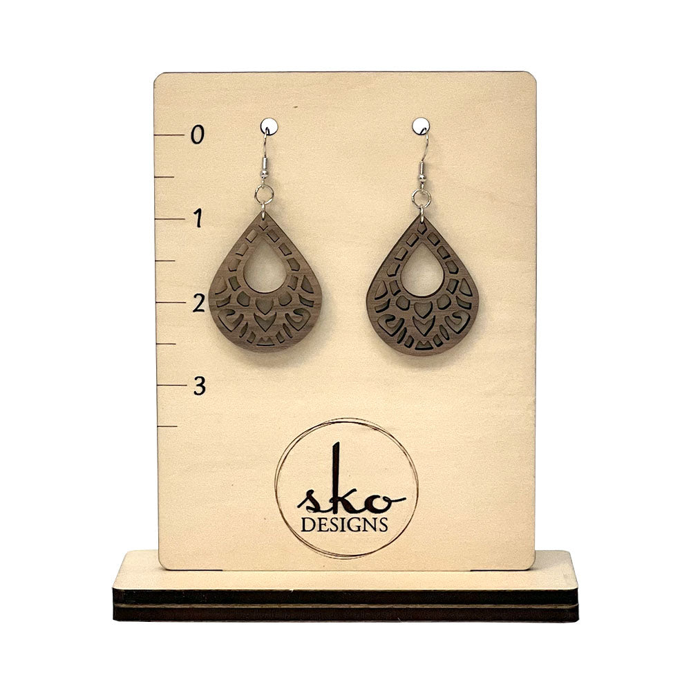 Walnut Teardrop Earrings - Lightweight Wood Jewelry with Intricate Cutout Design