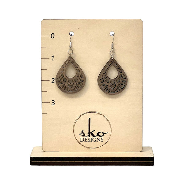Walnut Teardrop Earrings - Lightweight Wood Jewelry with Intricate Cutout Design