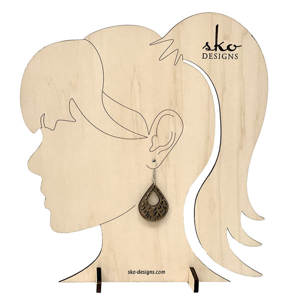 Walnut Teardrop Earrings - Lightweight Wood Jewelry with Intricate Cutout Design